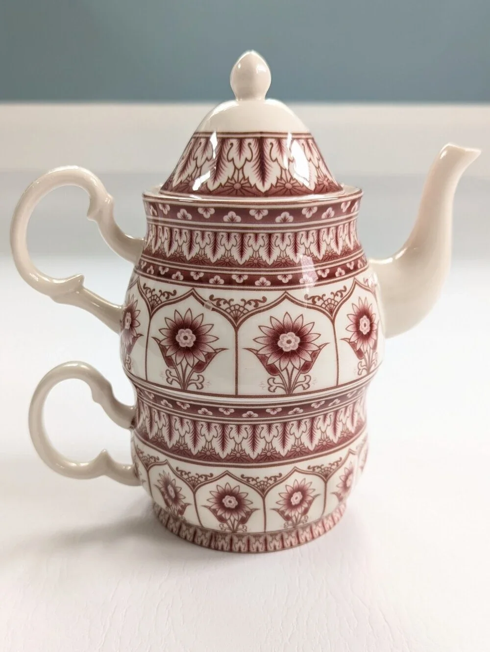 Harry & David Burgundy Floral Tea-For-One Stacking Teapot Cup & Plate Set